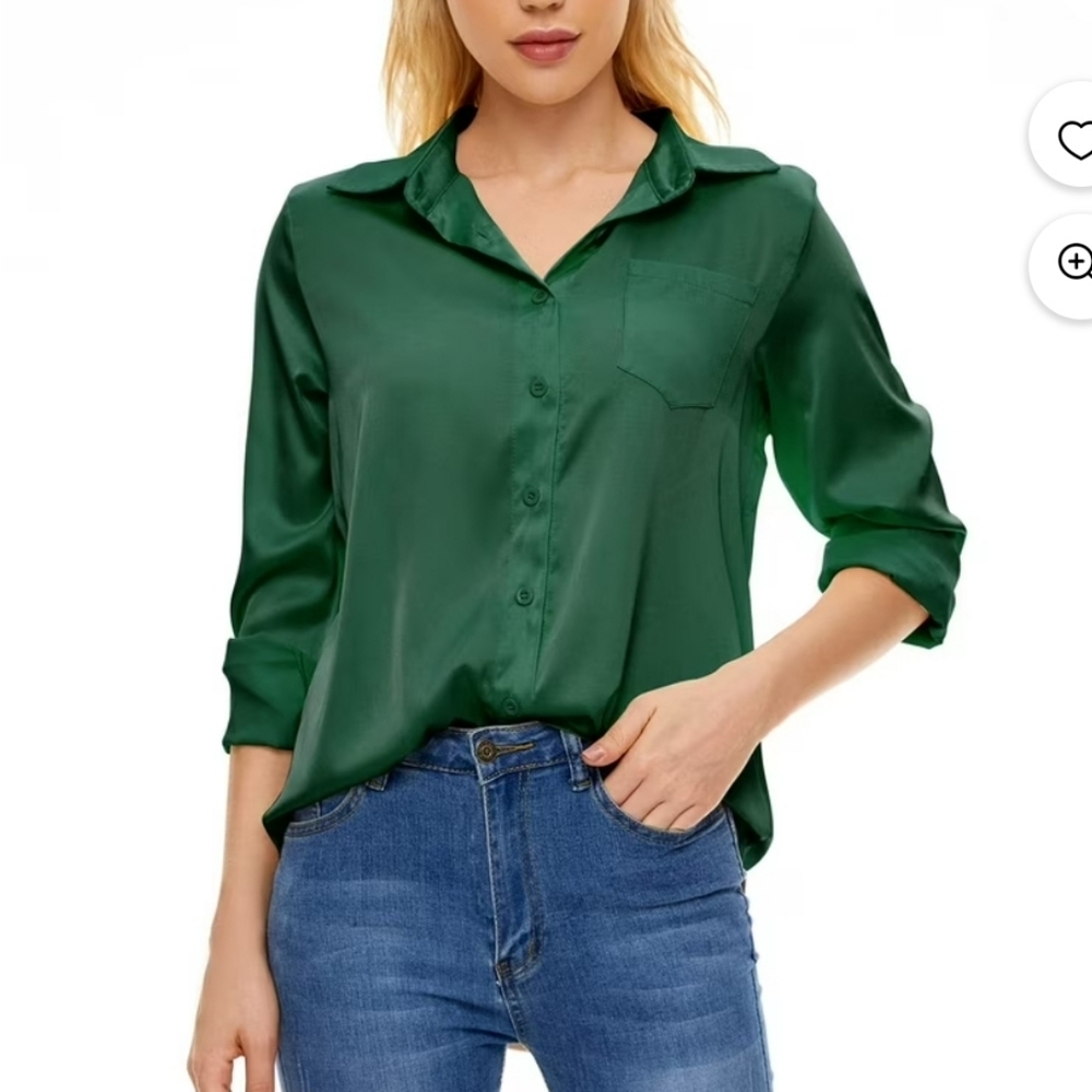 Women's Blouse Satin Silk Long Sleeve Button Down Shirts with Pocket